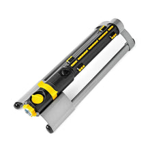 Oscillating lawn sprinkler gray body with yellow accents, front view on white