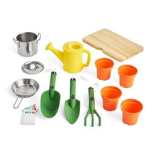 Wooden mud kitchen accessory set: metal pot, yellow kettle, orange cups, green tools