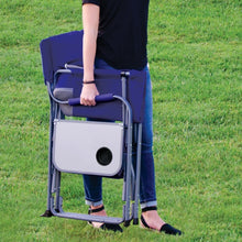 Blue folding director chair with large side cooler and cup holder