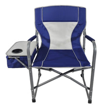 Oversized director's chair in navy with light grey back panel and side tray