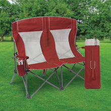 Red oversized double chair with side storage pouch and cup holder, gray metal frame