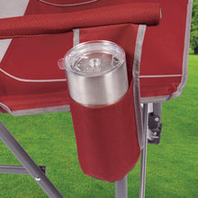 Red insulated cup holder on arm with clear lid and gray metal support