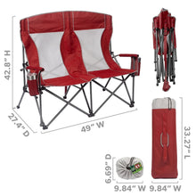 Red oversized chair with white panels, hard arms, and black metal folding frame
