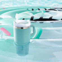 Teal inflatable pool float drink cup with white lid and handle