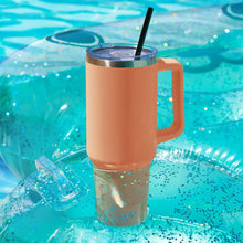 Teal inflatable pool float with cup holder and clear strap