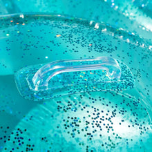 Clear handle on teal bear-shaped inflatable pool float