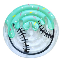 Teal and white inflatable baseball pool float with black stitching and colorful confetti