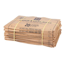 Stack of brown paper lawn and leaf bags, 20-count, bound with yellow straps
