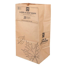 Brown paper lawn and leaf bag with leaf graphic and side logo label