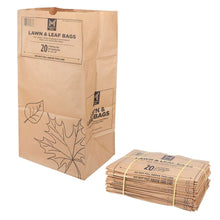 Brown paper lawn and leaf bags, stack of 20 with leaf graphic and label