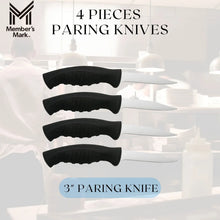 4-pack paring knives with short white blades and black textured handles