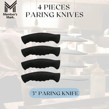Set of four paring knives with black handles and silver blades