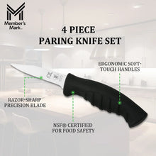 Paring knife with black soft-touch handle and short pointed white blade