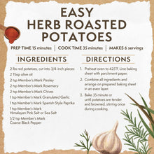 Herb roasted potatoes recipe card with ingredients and directions for baking