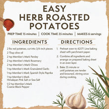 Herb roasted potatoes recipe card with prep time, cook time, and ingredient list