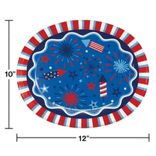 Patriotic oval paper plate, blue fireworks and stars with striped border; 10 x 12 in