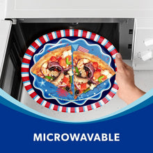 Patriotic oval paper plate with blue star-and-fireworks graphic; microwavable label shown
