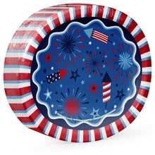 Patriotic oval paper plate with blue fireworks and stars; red, white, and blue striped rim