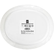 Premium compostable oval paper plate with product info label on white surface