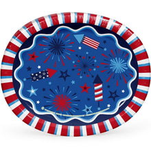 Patriotic oval paper plate with blue fireworks and stars, red and white stripes border