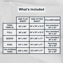 Included items chart: one flat sheet, one fitted sheet, and pillowcases