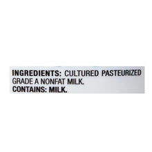 Nonfat Greek yogurt ingredients text: cultured pasteurized grade A nonfat milk, contains milk
