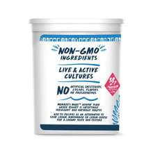 Nonfat plain Greek yogurt tub side panel with non-GMO ingredients and live cultures
