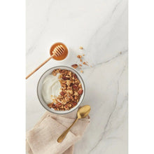 Plain nonfat Greek yogurt in bowl with spoon and granola topping