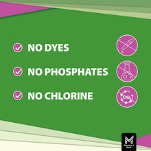 Plant-based lavender laundry detergent features graphic showing no dyes, phosphates, chlorine