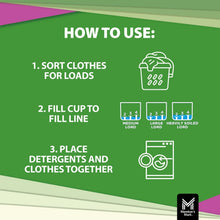 Plant-based lavender laundry detergent usage graphic with numbered pour steps