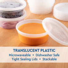 Translucent plastic deli containers with tight-seal lids, orange food inside