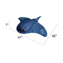 Blue stingray pool float shown with size measurements and round eye detail