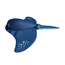 Blue stingray pool float with fin-like wings, round eye, and light dot accents