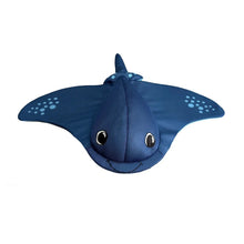 Blue stingray pool float with large round eyes and light dot spots on wings