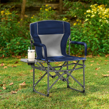 Blue portable director chair with armrests and cup holder tray, outdoors