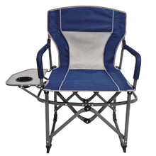 Blue portable folding director chair with armrests and built-in beverage cup holder