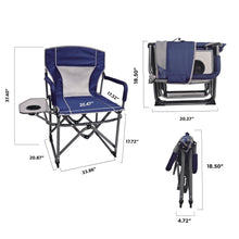 Blue portable director chair size diagram with cup holder tray and folded view