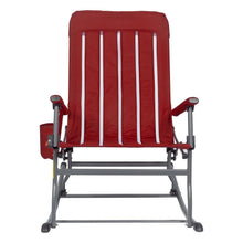 Portable folding rocking chair with red striped back, padded seat, and grey metal frame