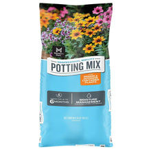 Potting mix bag, blue, with “Potting Mix” label and flower graphic near top