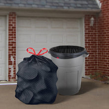 Heavy-duty 33-gallon trash bags with drawstring top and lavender label