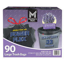Member's Mark Power Flex 33-gallon trash bags, lavender scent, 90 count box