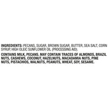 Ingredients text on praline pecans jar, listing pecans, sugar, butter, and sea salt.