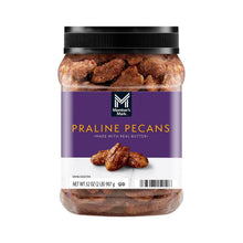 Praline pecans jar with black lid and purple label, 32 oz size.