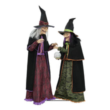 Pair of witch figurines with pointed hats, holding skull and lantern-style accessory