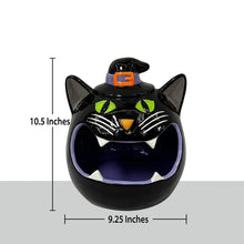 Black cat ceramic candy bowl, 10.5 in tall, 9.25 in wide, glowing blue interior