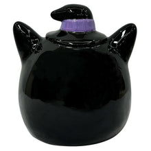 Black ceramic cat Halloween candy bowl with orange hat and purple top band, rear view