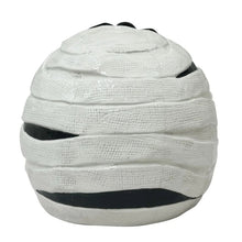Ceramic mummy candy bowl with white wrappings and black accents, no light showing