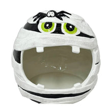 Pre-lit ceramic mummy candy bowl with green-eyed face and gray interior