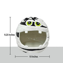 Pre-lit ceramic mummy candy bowl with green-eyed face and dark interior