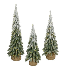 Three pre-lit frosted cone topiaries with warm lights and burlap bases.